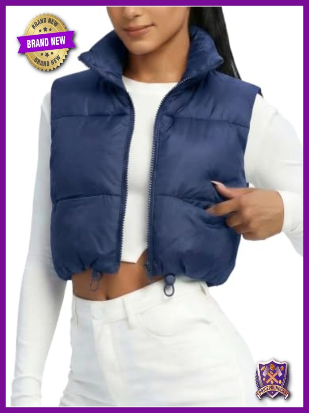 Women's Cropped Puffer Vest Lightweight Zip Pockets Stand Collar